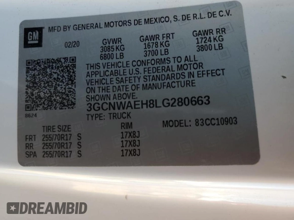 2020 Chevrolet Silverado 1500 Work Truck with VIN 3GCNWAEH8LG280663, listed as a Copart auction lot 45491515 with 167,735 mi miles and Salvage Title. Bid and sale history available at DreamBid. Image 12.