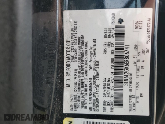 2014 Lincoln MKZ z VIN 3LN6L2GK6ER806741, wystawiony jako Copart lot #57455755 z przebiegiem 96 849 mil mil oraz Szkoda całkowita • Salvage title. Historia ofert i sprzedaży dostępna na DreamBid. Obrazek 12.
