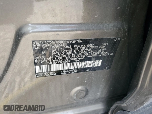 2013 Toyota RAV4 LE с VIN JTMBFREV4DD003403, выставлен на аукционе Copart как лот 52348215 с пробегом 246 128 миль миль и Списание • Salvage title. История ставок и продаж доступна на DreamBid. Изображение 12.