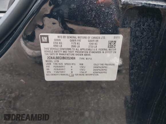 2011 Chevrolet Equinox LS with VIN 2CNALBEC8B6352484, listed as a IAAI auction lot 42072999 with 118,900 mi miles. Bid and sale history available at carsss.com. Image 9.