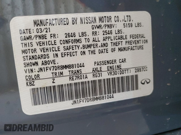 2021 Infiniti Q50 Red Sport 400 with VIN JN1FV7DR8MM881044, listed as a Copart auction lot 49596795 with 47,460 mi miles and Clean title. Bid and sale history available at DreamBid. Image 12.