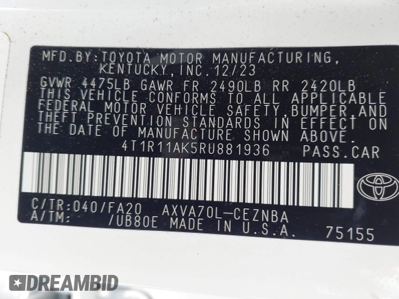 2024 Toyota Camry LE z VIN 4T1R11AK5RU881936, wystawiony jako IAAI lot #42080937 z przebiegiem 13 302 mil mil oraz . Historia ofert i sprzedaży dostępna na DreamBid. Obrazek 9.