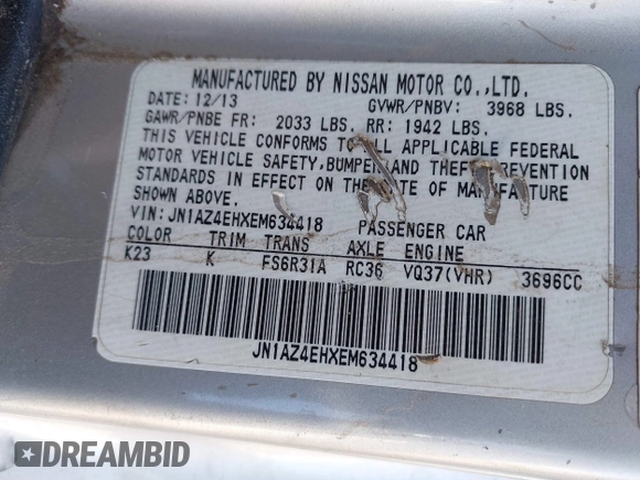 2014 Nissan 370Z Nismo with VIN JN1AZ4EHXEM634418, listed as a IAAI auction lot 41308580 with 84,074 mi miles and . Bid and sale history available at DreamBid. Image 9.