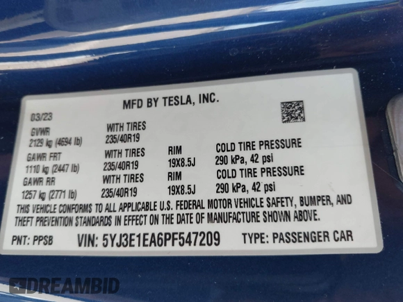 2023 Tesla Model 3 z VIN 5YJ3E1EA6PF547209, wystawiony jako IAAI lot #42511077 z przebiegiem 6 125 mil mil oraz . Historia ofert i sprzedaży dostępna na DreamBid. Obrazek 9.