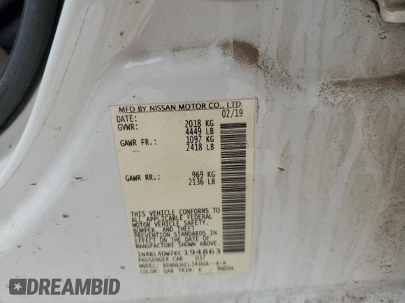 2019 Nissan Altima SV z VIN 1N4BL4DW7KC194863, wystawiony jako Copart lot #49550125 z przebiegiem 86 282 mil mil oraz Szkoda całkowita • Salvage title. Historia ofert i sprzedaży dostępna na DreamBid. Obrazek 12.