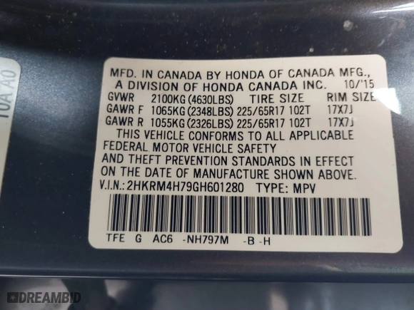 2016 Honda CR-V EX-L with VIN 2HKRM4H79GH601280, listed as a IAAI auction lot 41819163 with 81,413 mi miles. Bid and sale history available at carsss.com. Image 9.