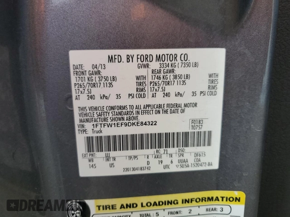 2013 Ford F-150 XL with VIN 1FTFW1EF9DKE84322, listed as a Copart auction lot 63344325 with 127,934 mi miles and Salvage title. Bid and sale history available at DreamBid. Image 12.