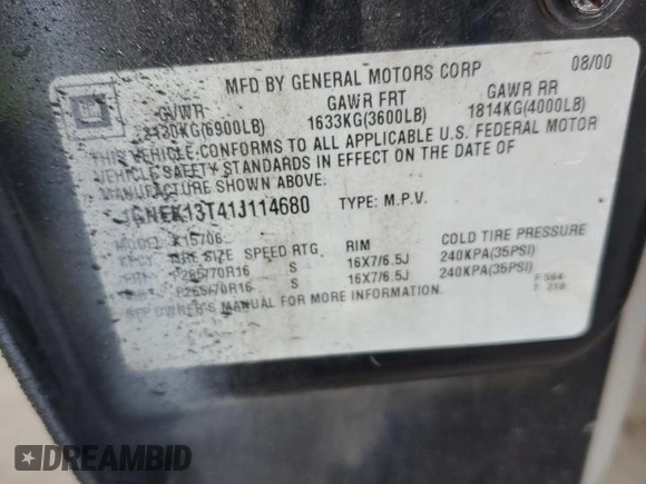 2001 Chevrolet Tahoe LT z VIN 1GNEK13T41J114680, wystawiony jako Copart lot #58333525 z przebiegiem 223 591 mil mil oraz Szkoda całkowita • Salvage title. Historia ofert i sprzedaży dostępna na DreamBid. Obrazek 13.