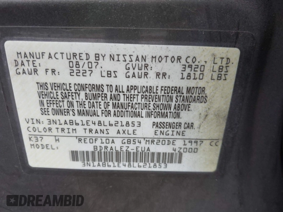 2008 Nissan Sentra S with VIN 3N1AB61E48L621853, listed as a IAAI auction lot 41774846 with 118,881 mi miles and . Bid and sale history available at DreamBid. Image 9.