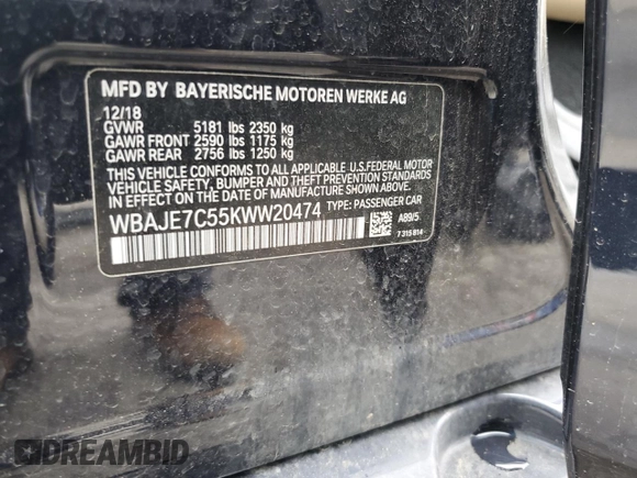 2019 BMW 5 Series 540i xDrive with VIN WBAJE7C55KWW20474, listed as a Copart auction lot 55219625 with 40,095 mi miles and Salvage title. Bid and sale history available at DreamBid. Image 12.