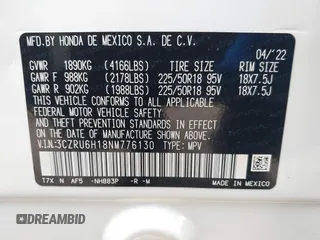 2022 Honda HR-V Sport with VIN 3CZRU6H18NM776130, listed as a IAAI auction lot 41894467 with 12,731 mi miles and . Bid and sale history available at carsss.com. Image 9.