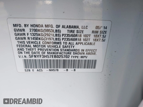 2014 Honda Pilot EX-L with VIN 5FNYF3H57EB025702, listed as a IAAI auction lot 41242826 with 190,503 mi miles. Bid and sale history available at carsss.com. Image 9.