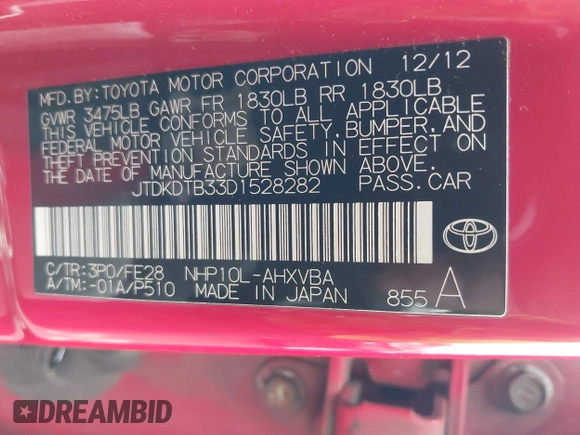 2013 Toyota Prius One with VIN JTDKDTB33D1528282, listed as a IAAI auction lot 41979126 with Not Provided miles and . Bid and sale history available at DreamBid. Image 9.