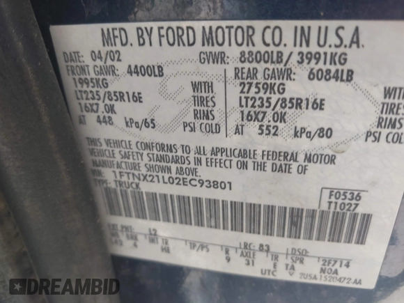 2002 Ford F-250 XL with VIN 1FTNX21L02EC93801, listed as a IAAI auction lot 42312747 with Not provided miles and . Bid and sale history available at DreamBid. Image 9.