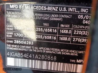 2001 Mercedes-Benz M-Class with VIN 4JGAB54E41A280868, listed as a Copart auction lot 47829955 with 111,475 mi miles and Salvage Title. Bid and sale history available at carsss.com. Image 13.
