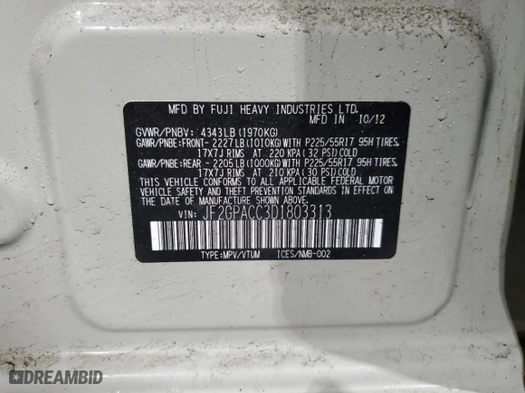 2013 Subaru XV Crosstrek Premium with VIN JF2GPACC3D1803313, listed as a Copart auction lot 52135895 with 163,841 mi miles and Salvage Title. Bid and sale history available at carsss.com. Image 15.