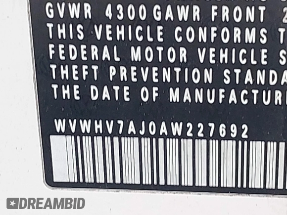 2010 Volkswagen Golf GTI with VIN WVWHV7AJ0AW227692, listed as a IAAI auction lot 42655515 with 144,748 mi miles and . Bid and sale history available at DreamBid. Image 9.