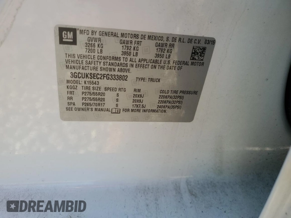2015 Chevrolet Silverado 1500 LTZ with VIN 3GCUKSEC2FG333802, listed as a Copart auction lot 52855885 with 168,781 mi miles and Salvage Title. Bid and sale history available at DreamBid. Image 14.