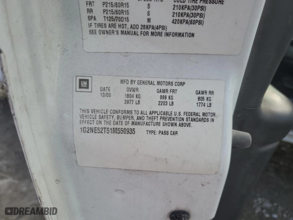 2002 Pontiac Grand Am SE with VIN 1G2NE52T51M550935, listed as a Copart auction lot 43077585 with 180,350 mi miles and Salvage Title. Bid and sale history available at carsss.com. Image 14.