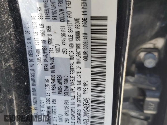 2021 Mazda CX-30 Select with VIN 3MVDMABL2MM249548, listed as a Copart auction lot 57339905 with 114,710 mi miles and Salvage title. Bid and sale history available at DreamBid. Image 12.