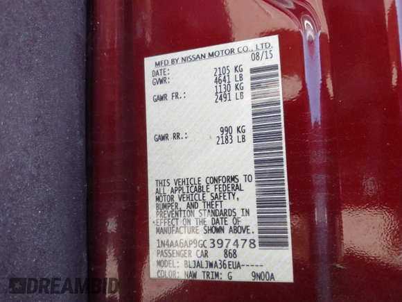2016 Nissan Maxima Platinum с VIN 1N4AA6AP9GC397478, выставлен на аукционе IAAI как лот 41660915 с пробегом 107 442 миль миль и . История ставок и продаж доступна на DreamBid. Изображение 9.