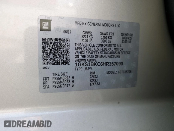 2017 GMC Yukon SLT z VIN 1GKS1BKC6HR357090, wystawiony jako Copart lot #59317515 z przebiegiem 124 408 mil mil oraz Szkoda całkowita • Salvage title. Historia ofert i sprzedaży dostępna na DreamBid. Obrazek 14.