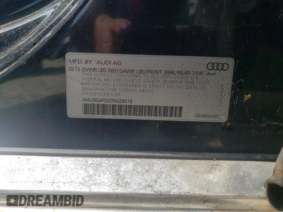 2013 Audi A8 L 3.0L with VIN WAURGAFD2DN028018, listed as a Copart auction lot 54096545 with 0 mi miles and Clean Title. Bid and sale history available at carsss.com. Image 12.