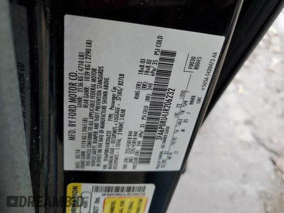 2018 Ford Fusion Hybrid Titanium with VIN 3FA6P0RU4JR206232, listed as a Copart auction lot 43419565 with 92,565 mi miles and Salvage Title. Bid and sale history available at carsss.com. Image 12.