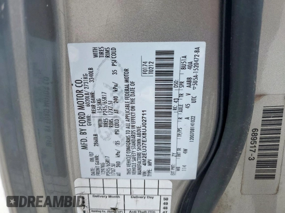 2008 Mercury Mountaineer с VIN 4M2EU37EX8UJ02711, выставлен на аукционе Copart как лот 61773855 с пробегом Не указан миль и Чистый • Clean title. История ставок и продаж доступна на DreamBid. Изображение 13.