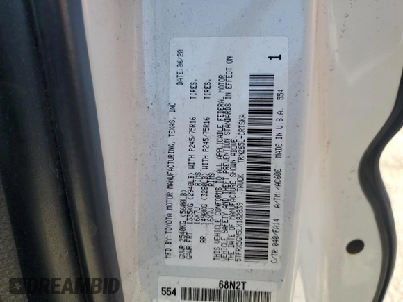 2020 Toyota Tacoma SR with VIN 5TFRX5GN5LX182839, listed as a Copart auction lot 50321015 with 53,929 mi miles and Salvage Title. Bid and sale history available at DreamBid. Image 12.