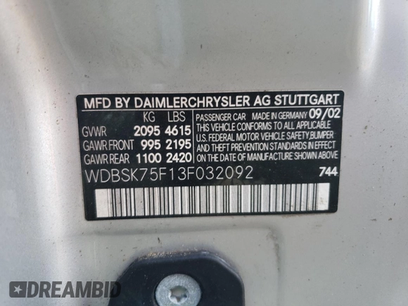 2003 Mercedes-Benz SL 500 z VIN WDBSK75F13F032092, wystawiony jako Copart lot #75596144 z przebiegiem 43 508 mil mil oraz Nie do naprawy • Non repairable. Historia ofert i sprzedaży dostępna na DreamBid. Obrazek 12.