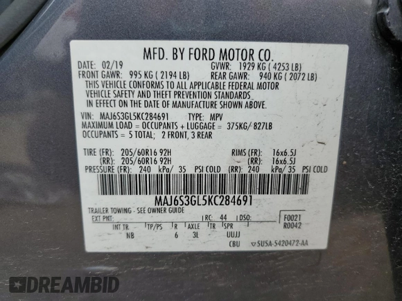 2019 Ford EcoSport SE z VIN MAJ6S3GL5KC284691, wystawiony jako Copart lot #58796875 z przebiegiem 30 435 mil mil oraz Czysty tytuł • Clean title. Historia ofert i sprzedaży dostępna na DreamBid. Obrazek 13.