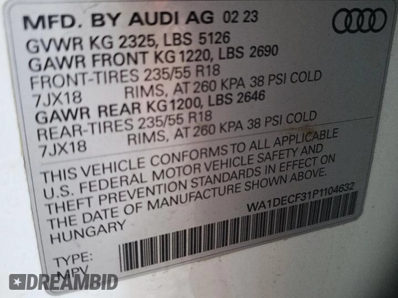 2023 Audi Q3 S line Premium with VIN WA1DECF31P1104632, listed as a Copart auction lot 50983105 with 17,579 mi miles and Salvage title. Bid and sale history available at DreamBid. Image 15.