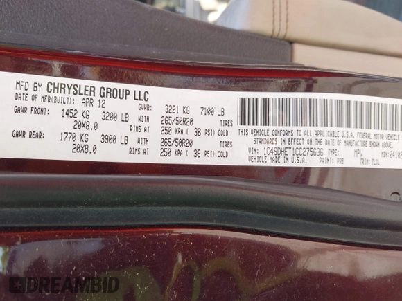 2012 Dodge Durango Citadel with VIN 1C4SDHET1CC275636, listed as a IAAI auction lot 42266742 with 212,030 mi miles and . Bid and sale history available at DreamBid. Image 9.