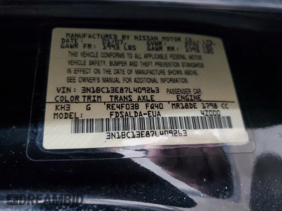 2007 Nissan Versa 1.8 S with VIN 3N1BC13E87L409263, listed as a Copart auction lot 53565105 with 124,860 mi miles and Salvage Title. Bid and sale history available at carsss.com. Image 12.