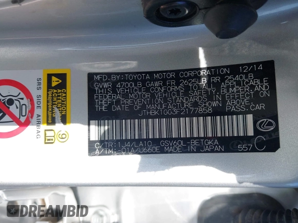 2015 Lexus ES 330 with VIN JTHBK1GG3F2177858, listed as a IAAI auction lot 42241189 with Not provided miles and . Bid and sale history available at DreamBid. Image 9.