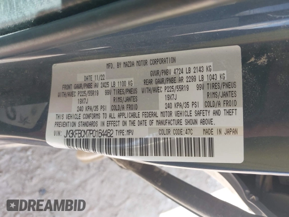 2023 Mazda CX-5 S Carbon Edition z VIN JM3KFBCM7P0164462, wystawiony jako IAAI lot #41919579 z przebiegiem 49 585 mil mil oraz . Historia ofert i sprzedaży dostępna na DreamBid. Obrazek 9.