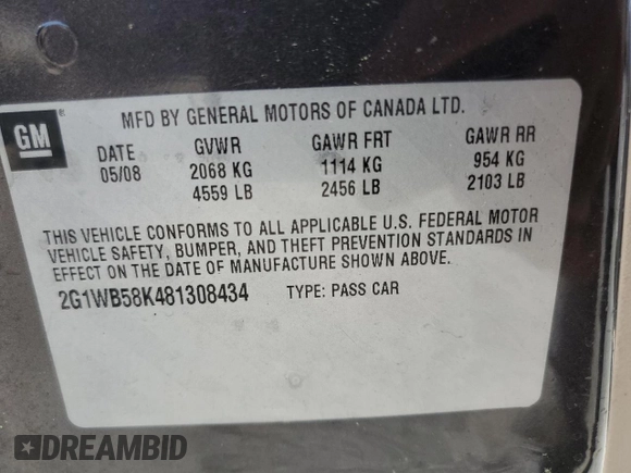 2008 Chevrolet Impala LS z VIN 2G1WB58K481308434, wystawiony jako Copart lot #50928895 z przebiegiem 259 667 mil mil oraz Szkoda całkowita • Salvage title. Historia ofert i sprzedaży dostępna na DreamBid. Obrazek 12.