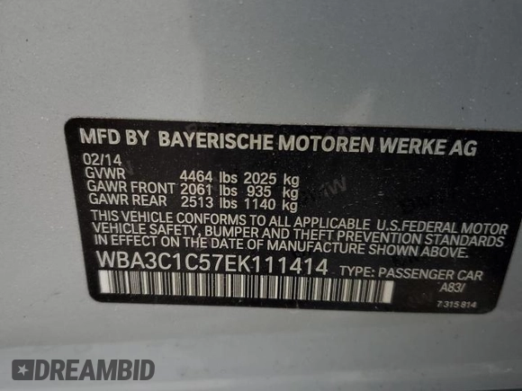 2014 BMW 3 Series 328i with VIN WBA3C1C57EK111414, listed as a Copart auction lot 49279425 with 68,999 mi miles and Salvage Title. Bid and sale history available at carsss.com. Image 12.
