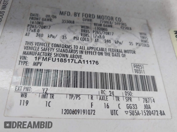 2007 Ford Expedition Eddie Bauer z VIN 1FMFU18517LA11176, wystawiony jako IAAI lot #42167558 z przebiegiem 238 839 mil mil oraz . Historia ofert i sprzedaży dostępna na DreamBid. Obrazek 9.