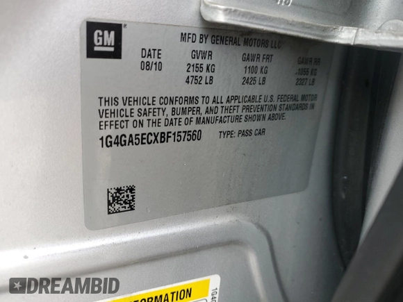 2011 Buick LaCrosse CX with VIN 1G4GA5ECXBF157560, listed as a Copart auction lot 46620205 with 0 mi miles and Salvage Title. Bid and sale history available at carsss.com. Image 12.