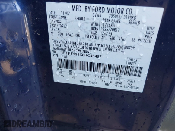 2008 Ford F-150 XL z VIN 1FTPF125X8KC46467, wystawiony jako IAAI lot #42287505 z przebiegiem 223 377 mil mil oraz . Historia ofert i sprzedaży dostępna na DreamBid. Obrazek 9.