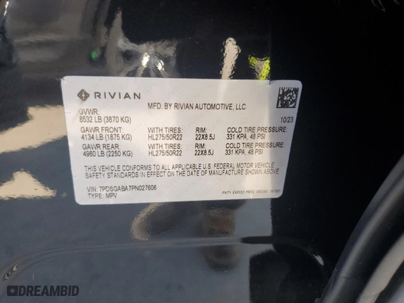 2023 Rivian R1S Adventure with VIN 7PDSGABA7PN027606, listed as a Copart auction lot 73747964 with 0 mi miles and Non Repairable. Bid and sale history available at carsss.com. Image 10.