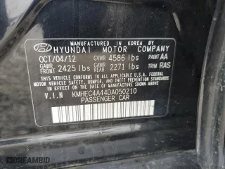 2013 Hyundai Sonata Hybrid with VIN KMHEC4A44DA050210, listed as a Copart auction lot 43959825 with 0 mi miles and Salvage Title. Bid and sale history available at carsss.com. Image 14.