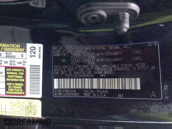 2019 Toyota Sienna XLE Auto Access Seat с VIN 5TDYZ3DC4KS994036, выставлен на аукционе IAAI как лот 41202859 с пробегом 163 605 миль миль и . История ставок и продаж доступна на DreamBid. Изображение 9.