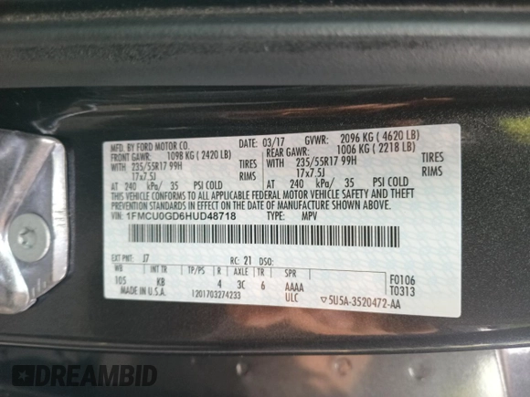 2017 Ford Escape SE with VIN 1FMCU0GD6HUD48718, listed as a Copart auction lot 55395555 with 120,866 mi miles and Clean Title. Bid and sale history available at carsss.com. Image 10.
