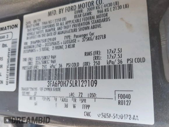 2020 Ford Fusion SE with VIN 3FA6P0H75LR129109, listed as a IAAI auction lot 41385458 with 98,099 mi miles. Bid and sale history available at carsss.com. Image 9.