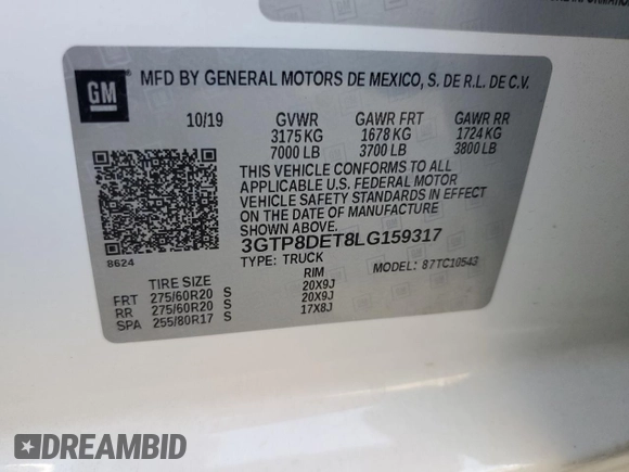2020 GMC Sierra 1500 with VIN 3GTP8DET8LG159317, listed as a Copart auction lot 76819384 with 99,627 mi miles and Salvage Title. Bid and sale history available at DreamBid. Image 12.