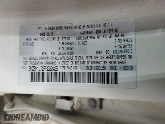 2015 Mazda 3 i Touring with VIN 3MZBM1L72FM222425, listed as a Copart auction lot 54320745 with 157,537 mi miles and Clean Title. Bid and sale history available at carsss.com. Image 13.