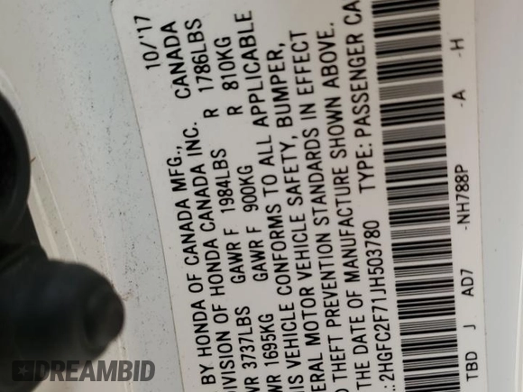 2018 Honda Civic EX with VIN 2HGFC2F71JH503780, listed as a Copart auction lot 55498105 with 119,788 mi miles and Salvage Title. Bid and sale history available at DreamBid. Image 13.